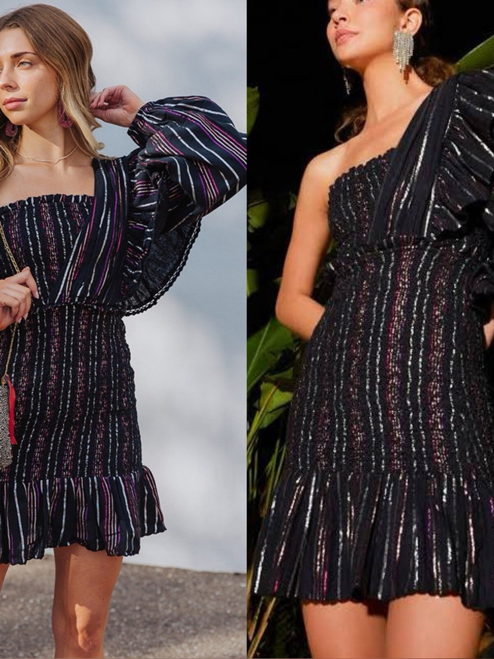 Farm Rio Lurex Stripes Mini Dress in Black Metallic One Shoulder XS